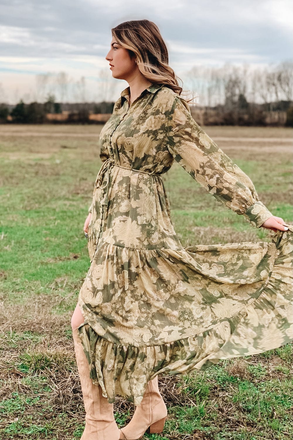Penelope Vintage Floral Paisley Long Sleeve Chiffon Maxi Dress in Pine - Dress - Blooming Daily