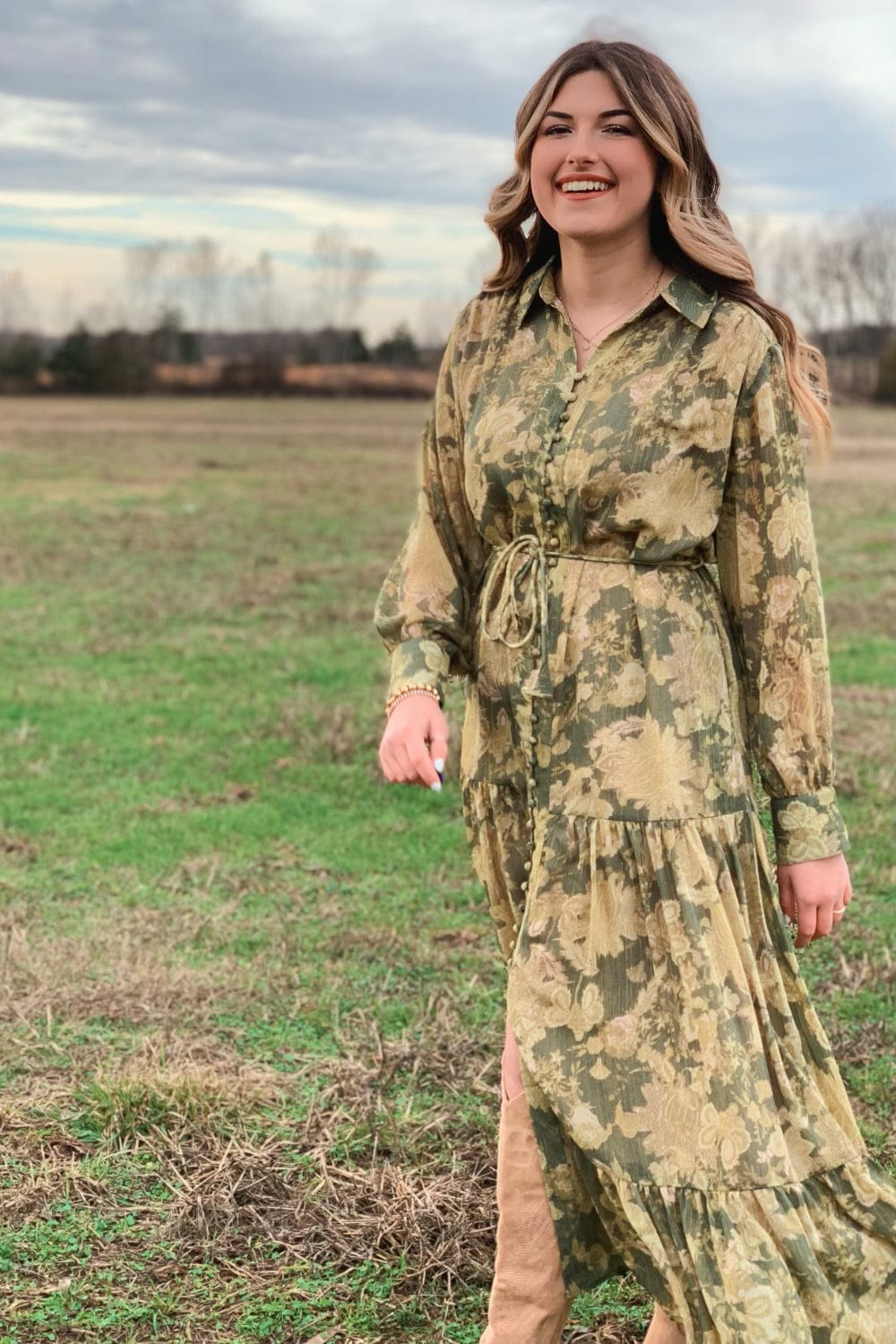 Penelope Vintage Floral Paisley Long Sleeve Chiffon Maxi Dress in Pine - Dress - Blooming Daily