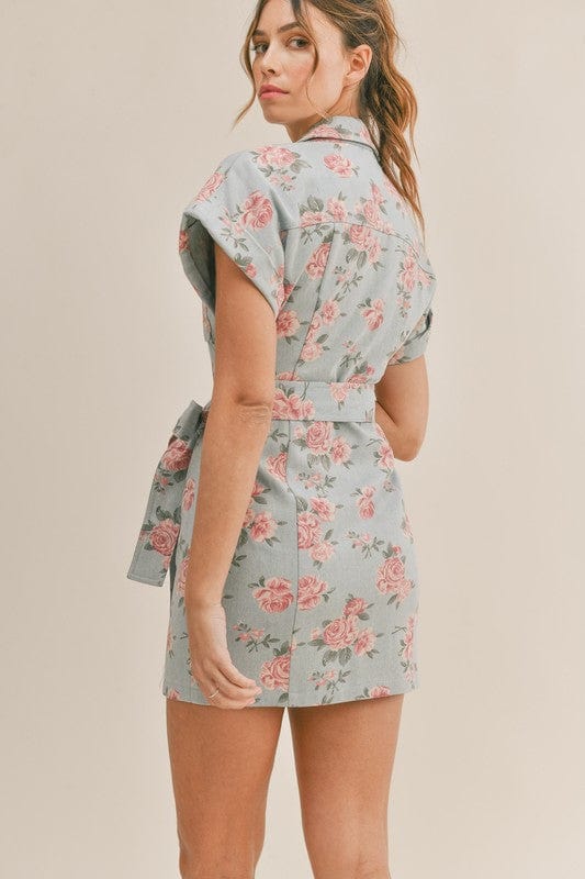 Roses Are Pink Floral Denim Button Down Dress with Belt - Dresses - Blooming Daily