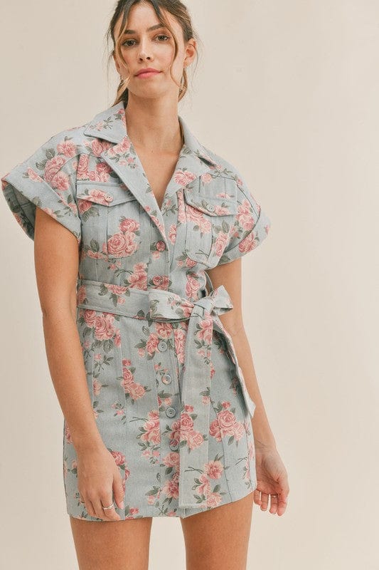 Roses Are Pink Floral Denim Button Down Dress with Belt - Dresses - Blooming Daily