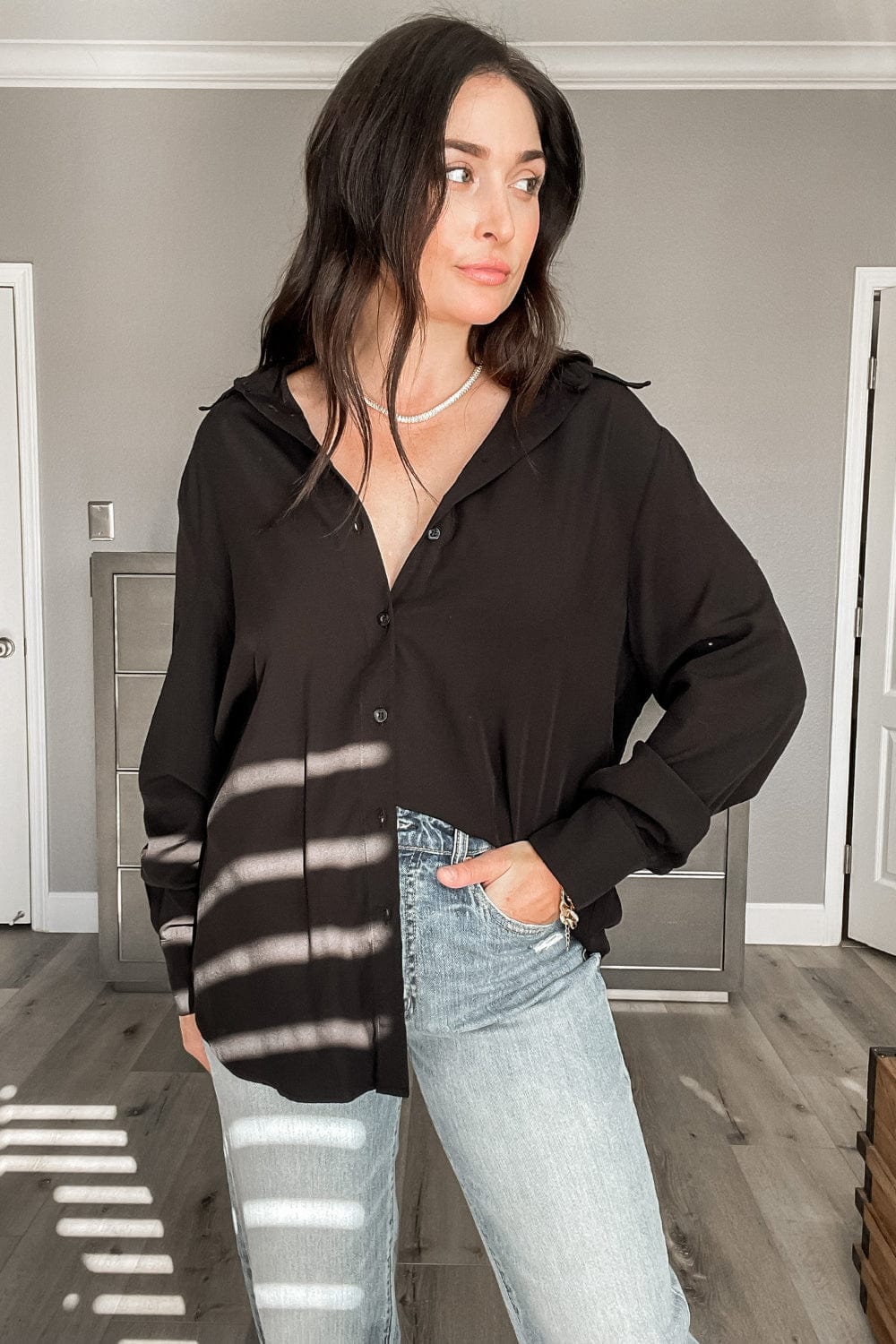 Sianna Classic Button Up Open Back Shirt in Black - Shirts &amp; Tops - Blooming Daily