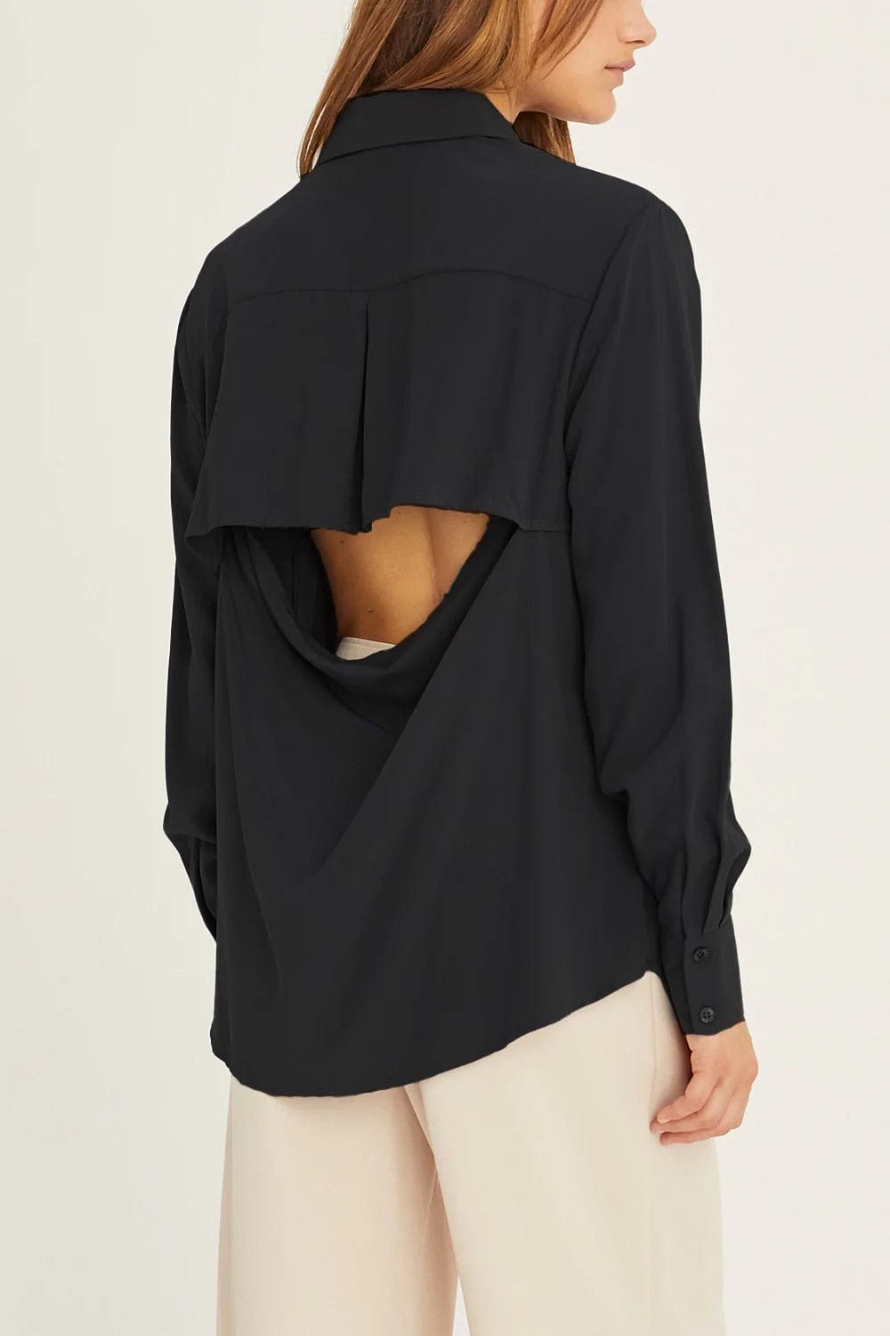Sianna Classic Button Up Open Back Shirt in Black - Shirts &amp; Tops - Blooming Daily