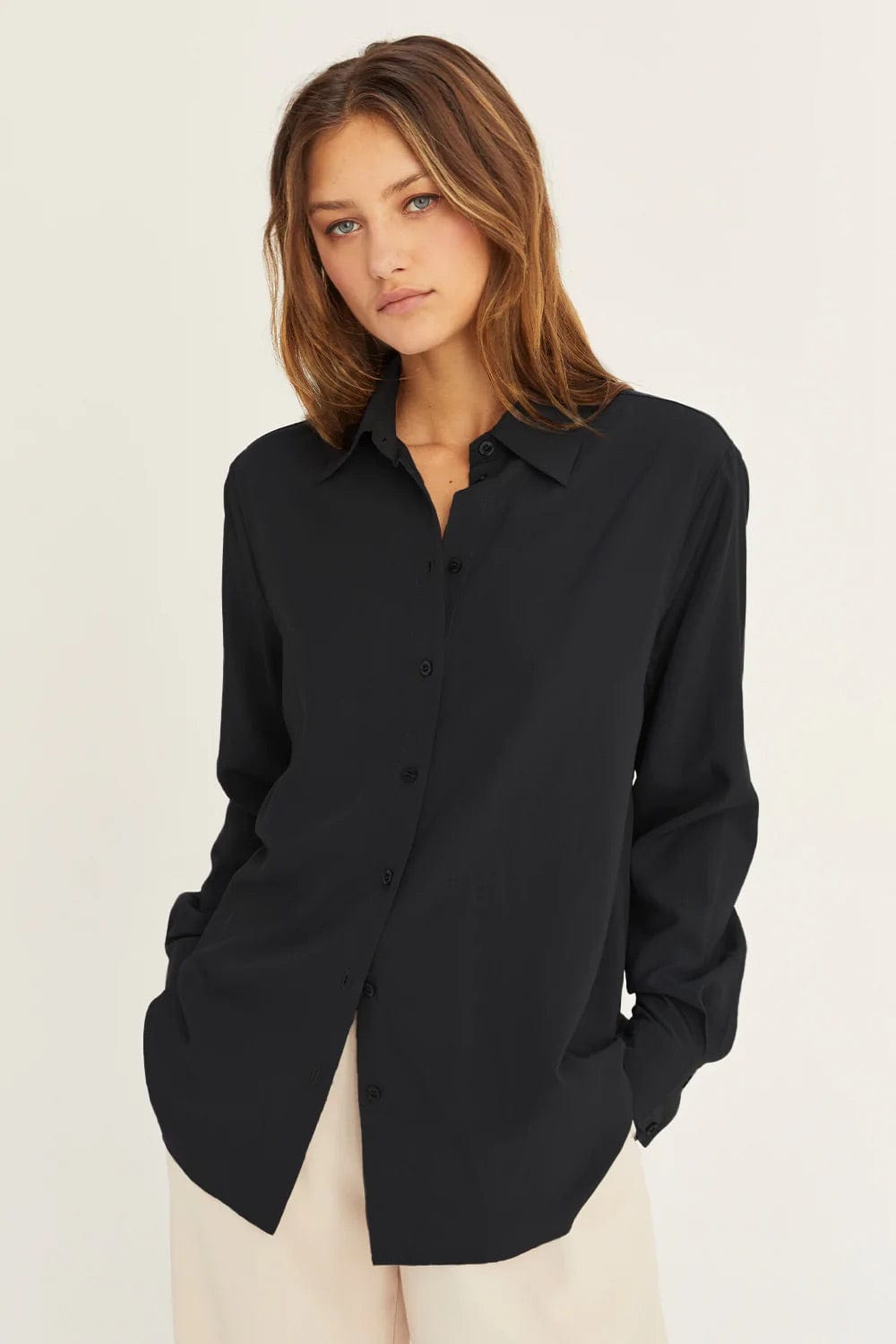 Sianna Classic Button Up Open Back Shirt in Black - Shirts & Tops - Blooming Daily