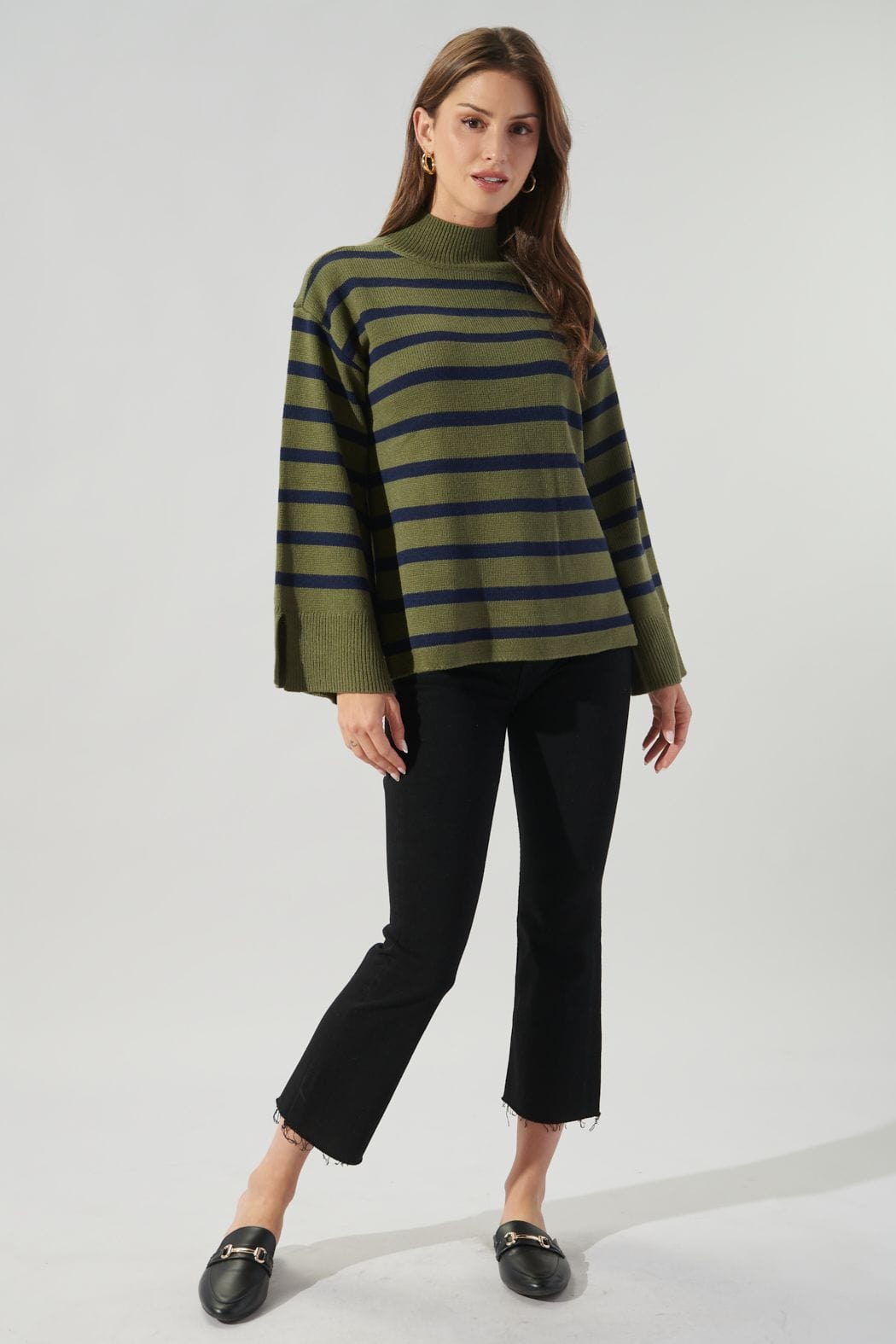 Slater Striped Mock Neck Wide Sleeve Sweater in Olive - Shirts &amp; Tops - Blooming Daily