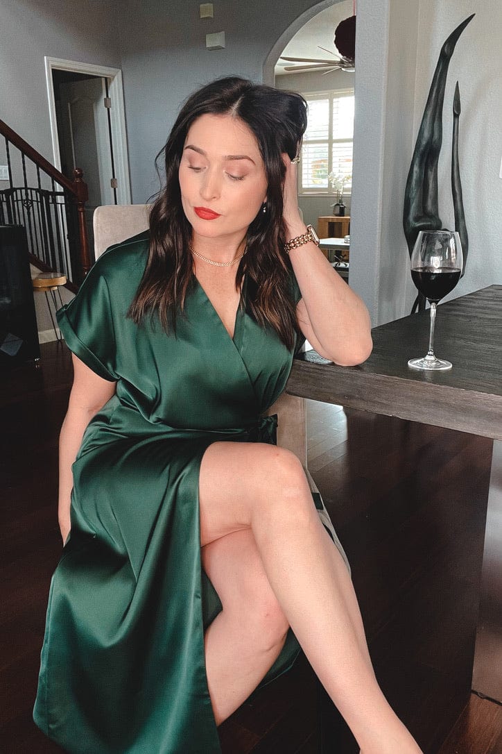 Sophia Collared Short Sleeve Midi Satin Wrap Dress in Forest Green - Blooming Daily