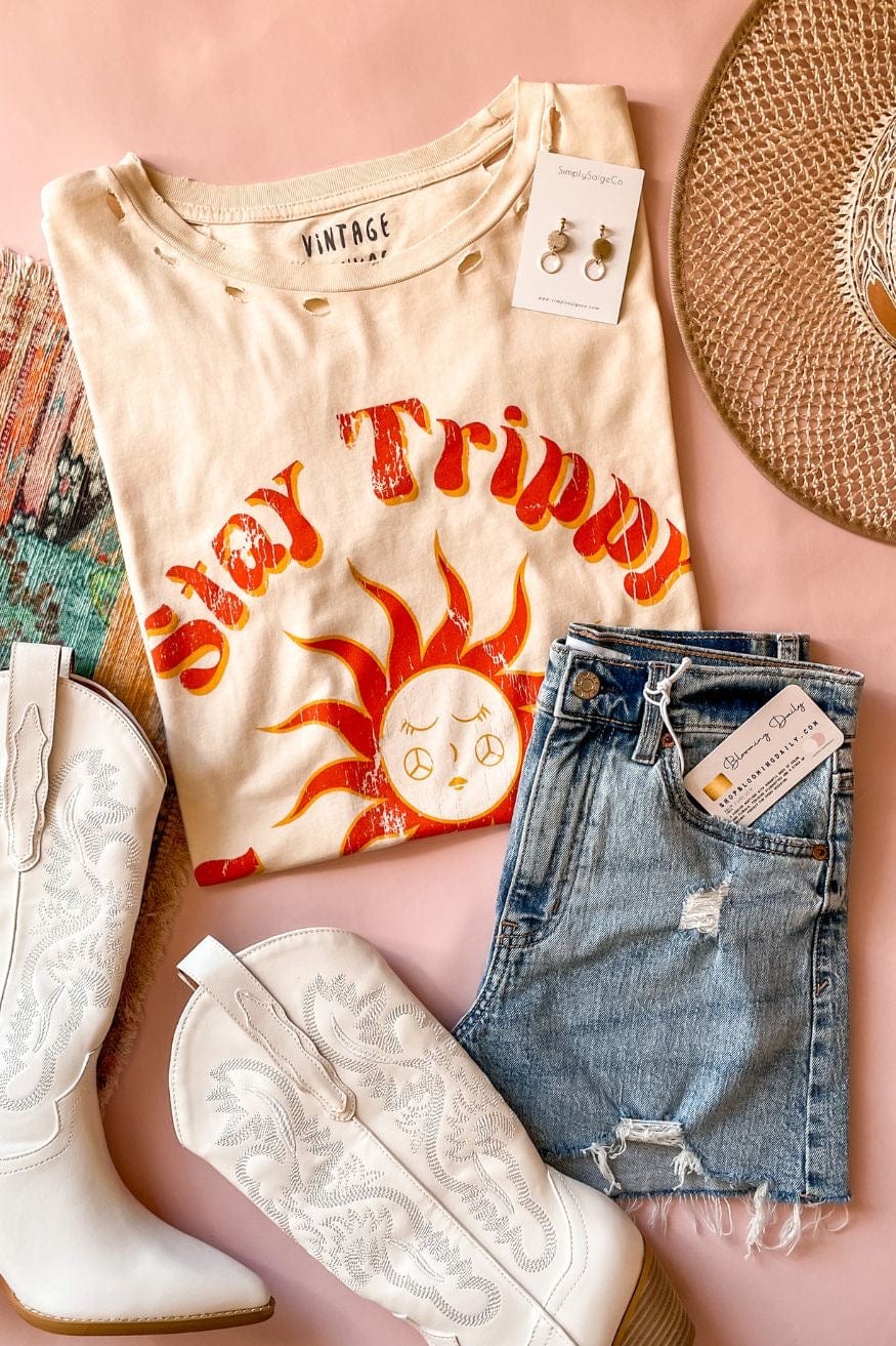 Stay Trippy Little Hippie Oversized Distressed Graphic Tee in Vanilla - Graphic Tee - Blooming Daily
