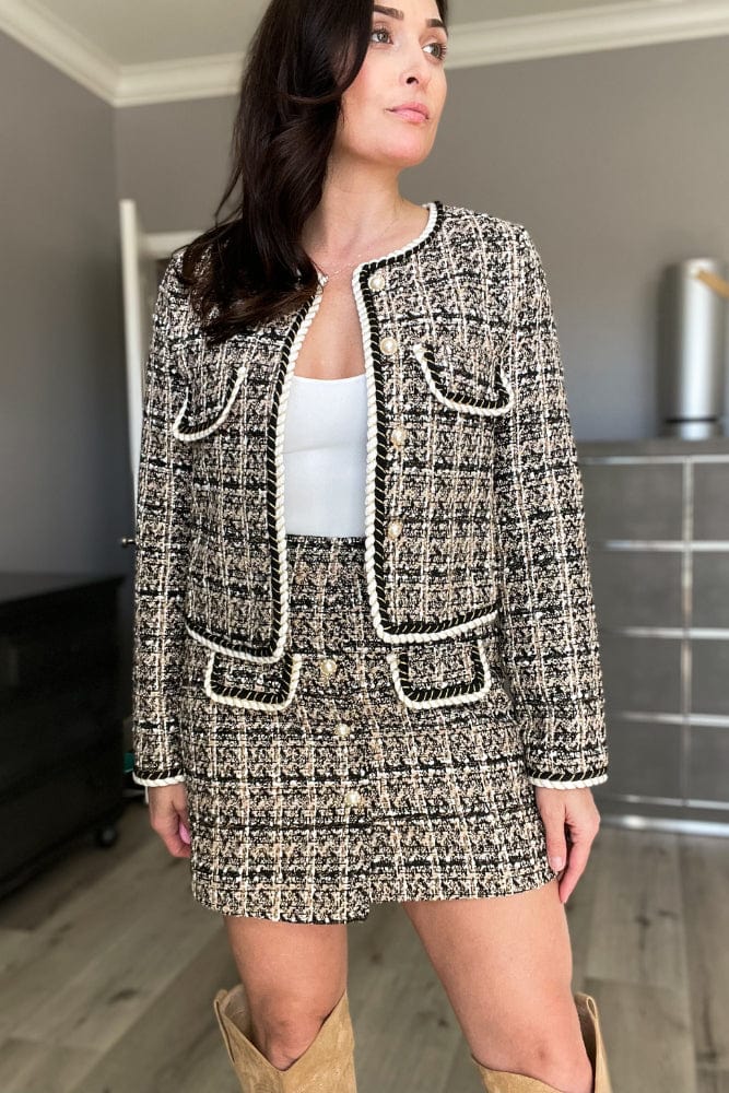 Timeless Designer Style Tweed Jacket with Pearl Buttons in Beige - Coats &amp; Jackets - Blooming Daily
