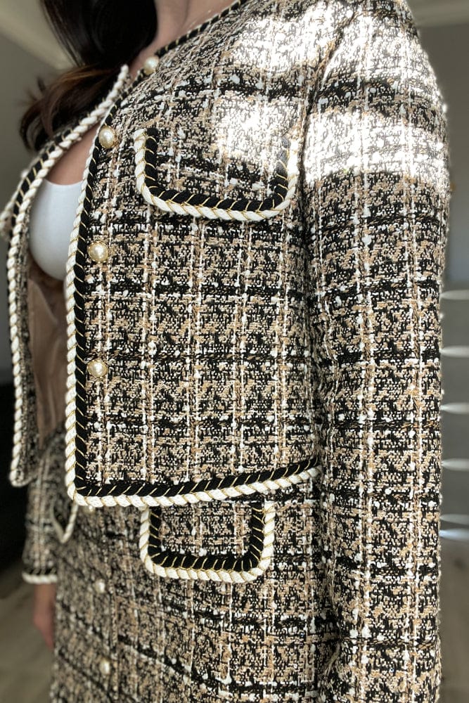Timeless Designer Style Tweed Jacket with Pearl Buttons in Beige - Coats & Jackets - Blooming Daily
