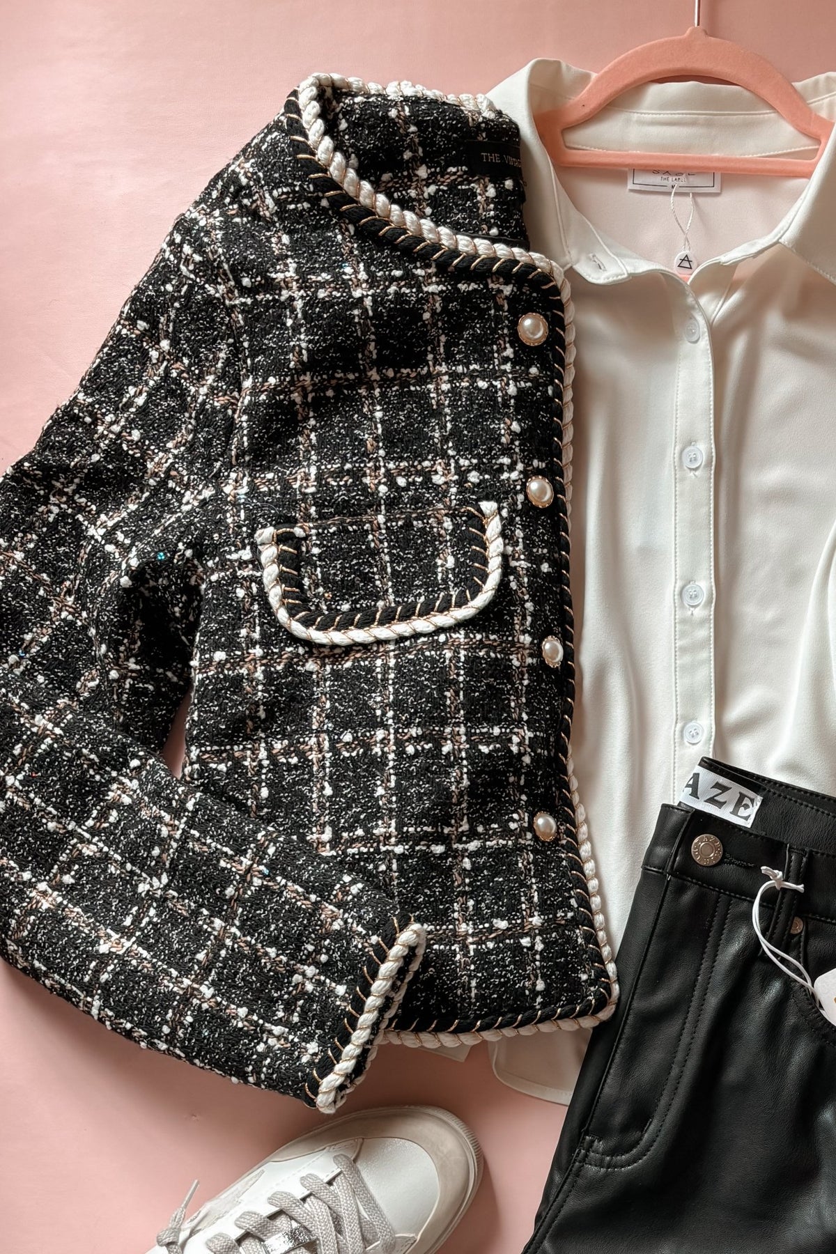 Timeless Designer Style Tweed Jacket with Pearl Buttons in Black - Coats &amp; Jackets - Blooming Daily