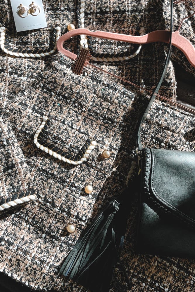 Timeless Designer Style Tweed Skirt with Pearl Buttons in Beige - Skirt - Blooming Daily