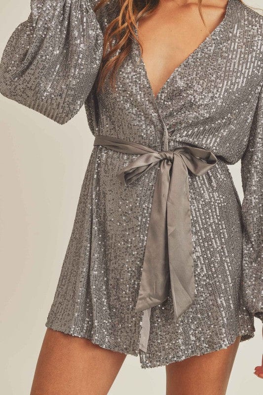 Twinkle Twinkle Balloon Sleeve Sequin Wrap Dress in Silver - Dress - Blooming Daily