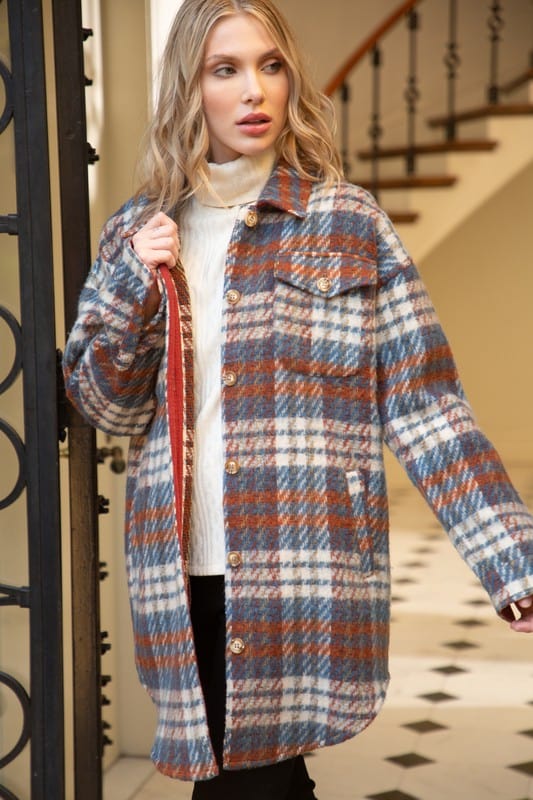 Upstate Long Line Fuzzy Plaid Shacket with Pockets in Blue and Camel Combo - Shirts &amp; Tops - Blooming Daily
