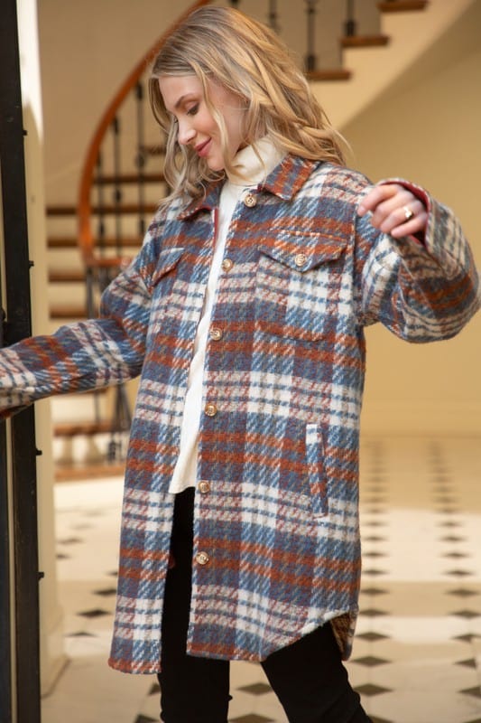 Upstate Long Line Fuzzy Plaid Shacket with Pockets in Blue and Camel Combo - Shirts &amp; Tops - Blooming Daily