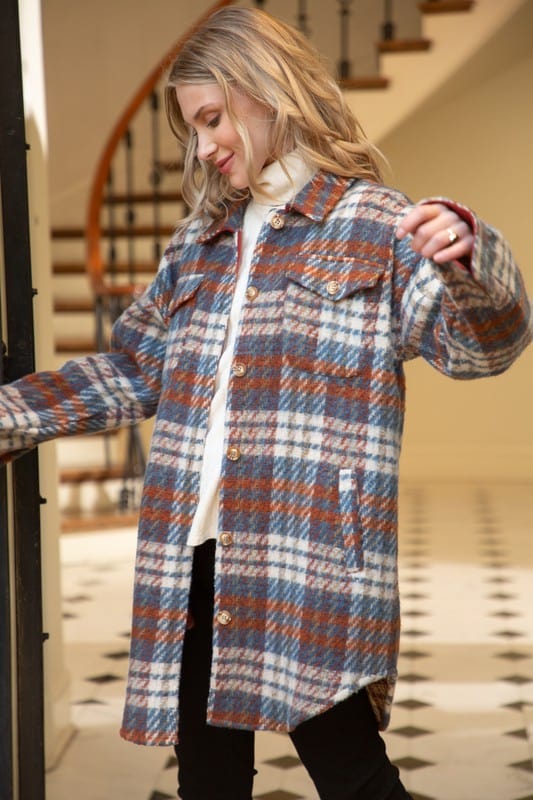 Upstate Long Line Fuzzy Plaid Shacket with Pockets in Blue and Camel Combo - Shirts & Tops - Blooming Daily