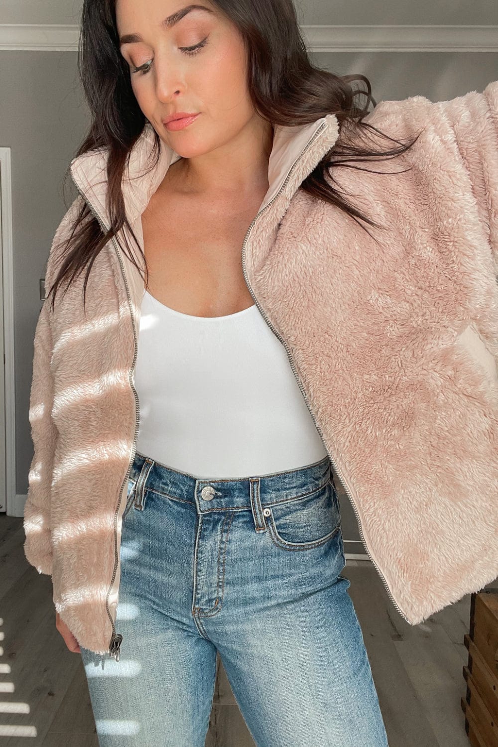 Vanilla Latte Reversible Zip Up Faux Fur Puffer Coat with Pockets - Jacket - Blooming Daily