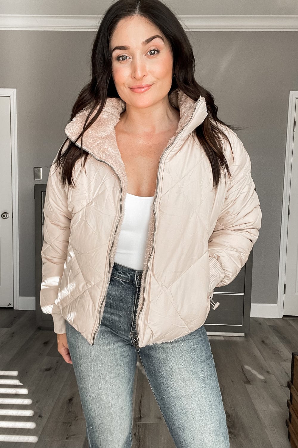 Vanilla Latte Reversible Zip Up Faux Fur Puffer Coat with Pockets - Jacket - Blooming Daily