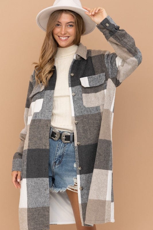 Winter Woods Plaid Long Line Flannel Shacket with Pockets in Fawn - Jacket - Blooming Daily