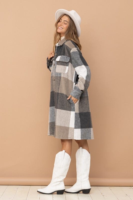 Winter Woods Plaid Long Line Flannel Shacket with Pockets in Fawn - Jacket - Blooming Daily