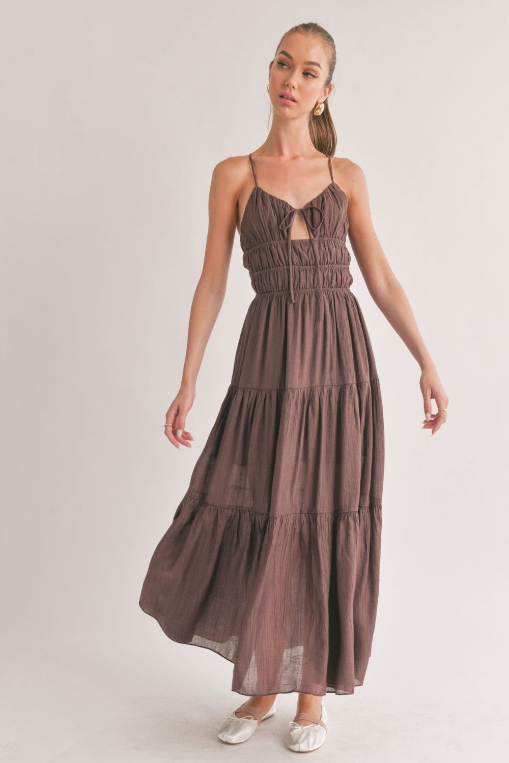 Women's Ballerina Tie Front Tiered Maxi Dress | Brown - Women's Dresses - Blooming Daily