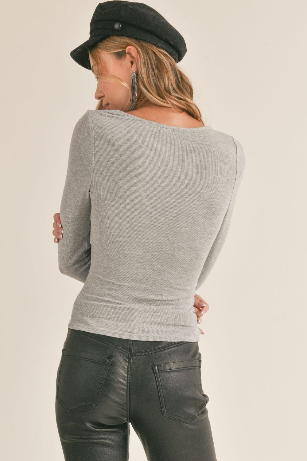Women's Basic Baby Rib Knit Long Sleeve Top | Heather Gray - Women's Shirts & Tops - Blooming Daily