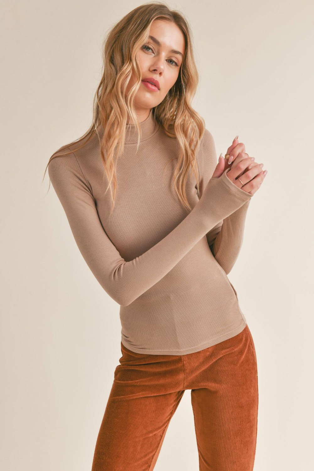 Women&#39;s Basic Rib Knit Long Sleeve Mock Neck Top | Taupe - Women&#39;s Shirts &amp; Tops - Blooming Daily