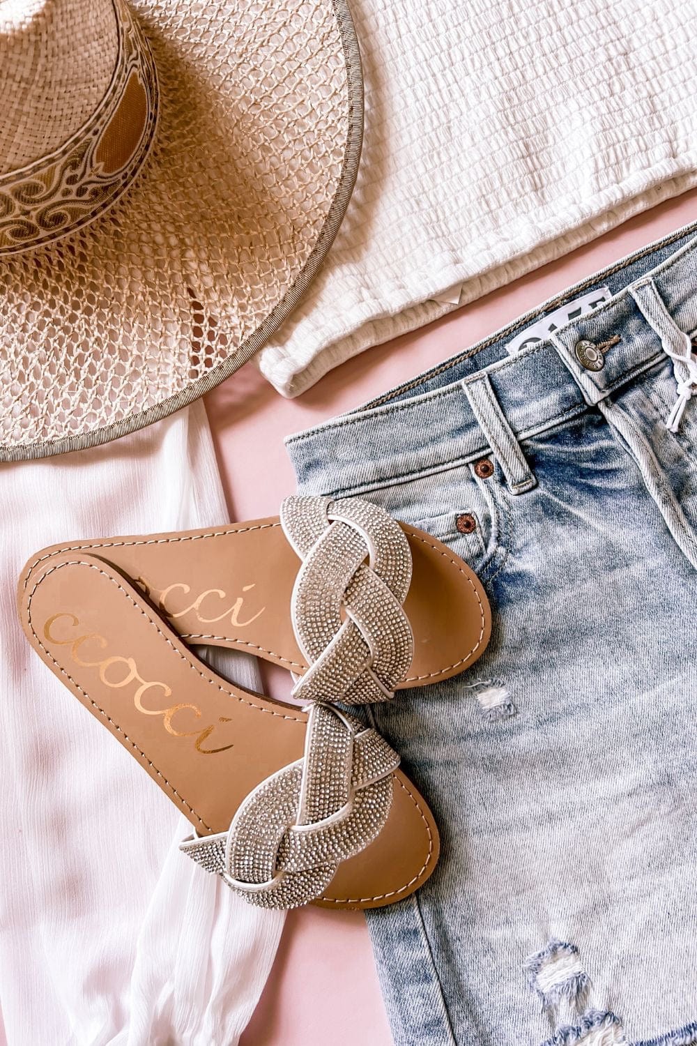 Women's Braided Crystal Flat Sandals | White - Women's Shoes - Blooming Daily