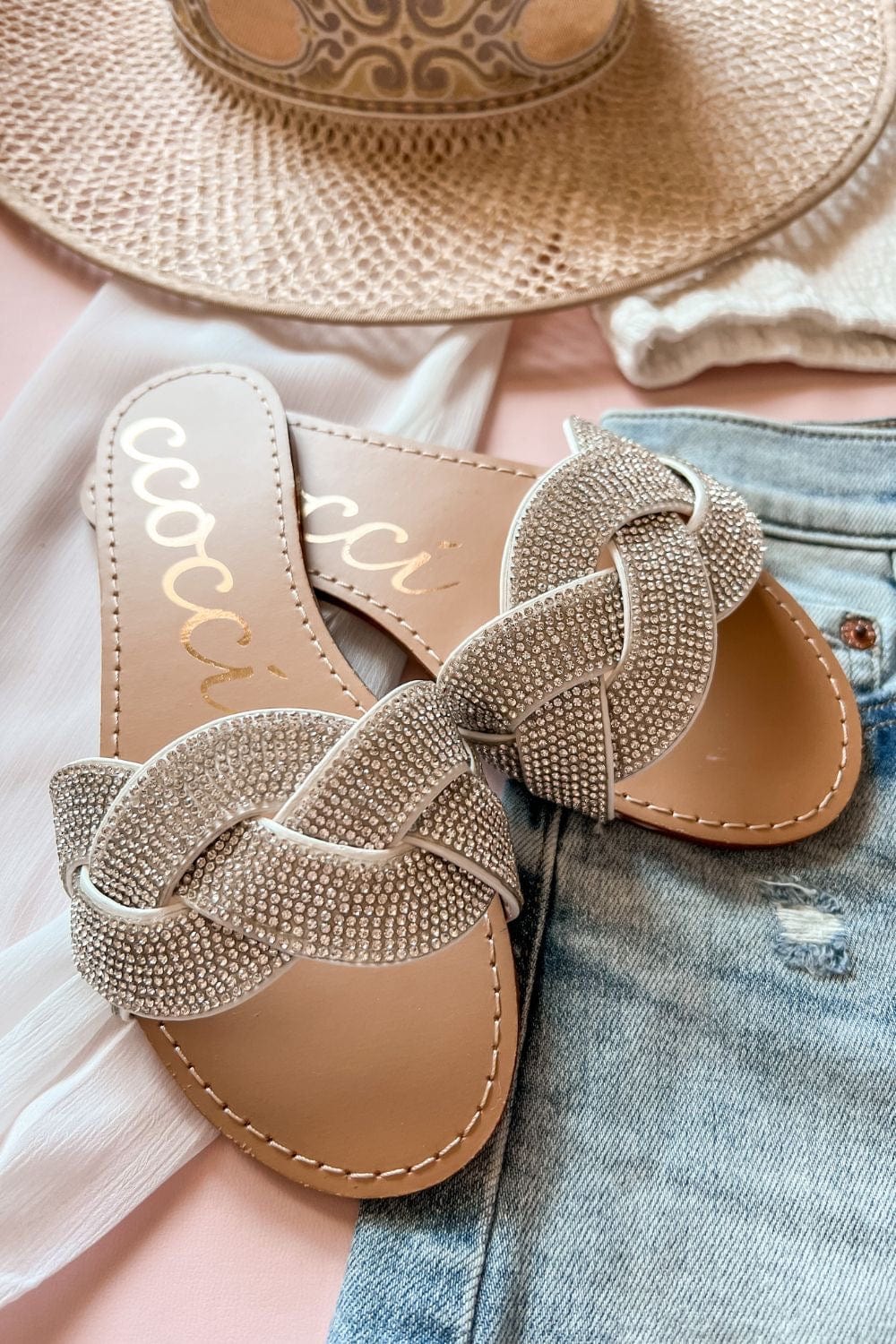 Women's Braided Crystal Flat Sandals | White - Women's Shoes - Blooming Daily