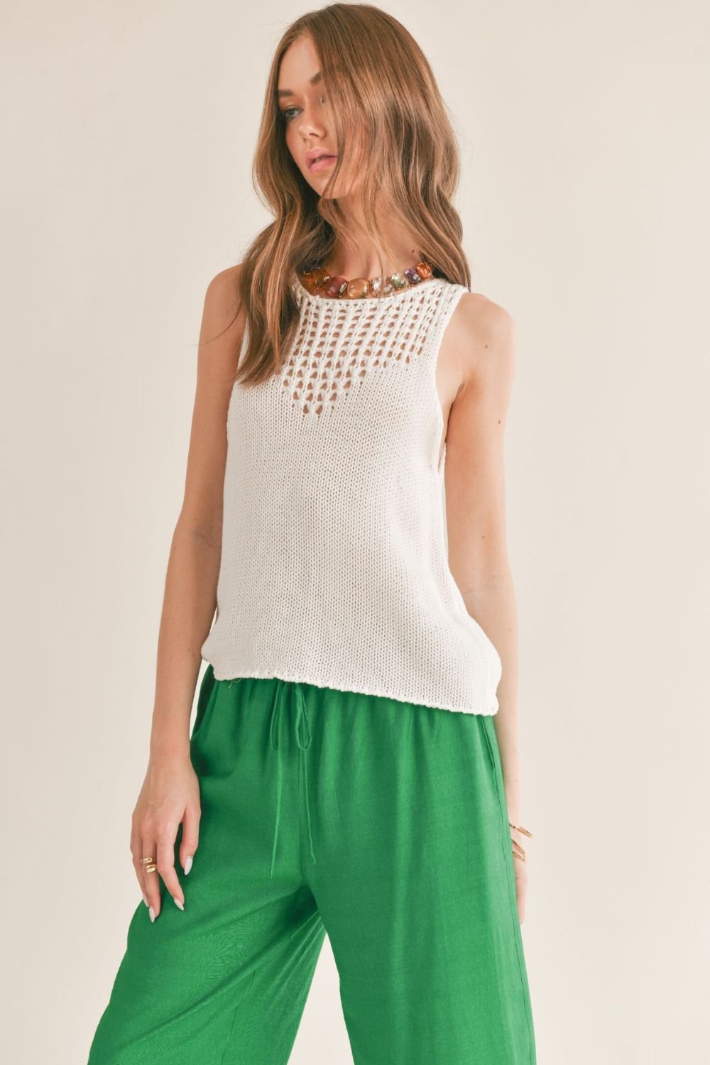 Women's Breeze Open Knit Neck Sweater Tank Top | Ivory - Women's Shirts & Tops - Blooming Daily