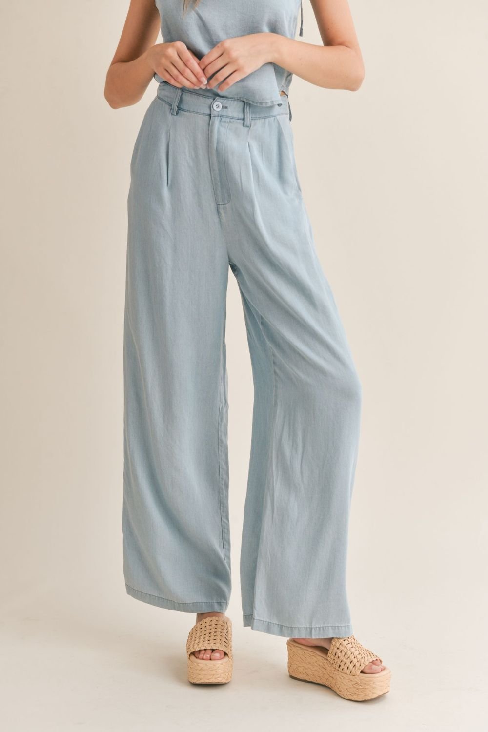 Women&#39;s Chambray Trouser Pants | Light Wash Denim - Women&#39;s Pants - Blooming Daily