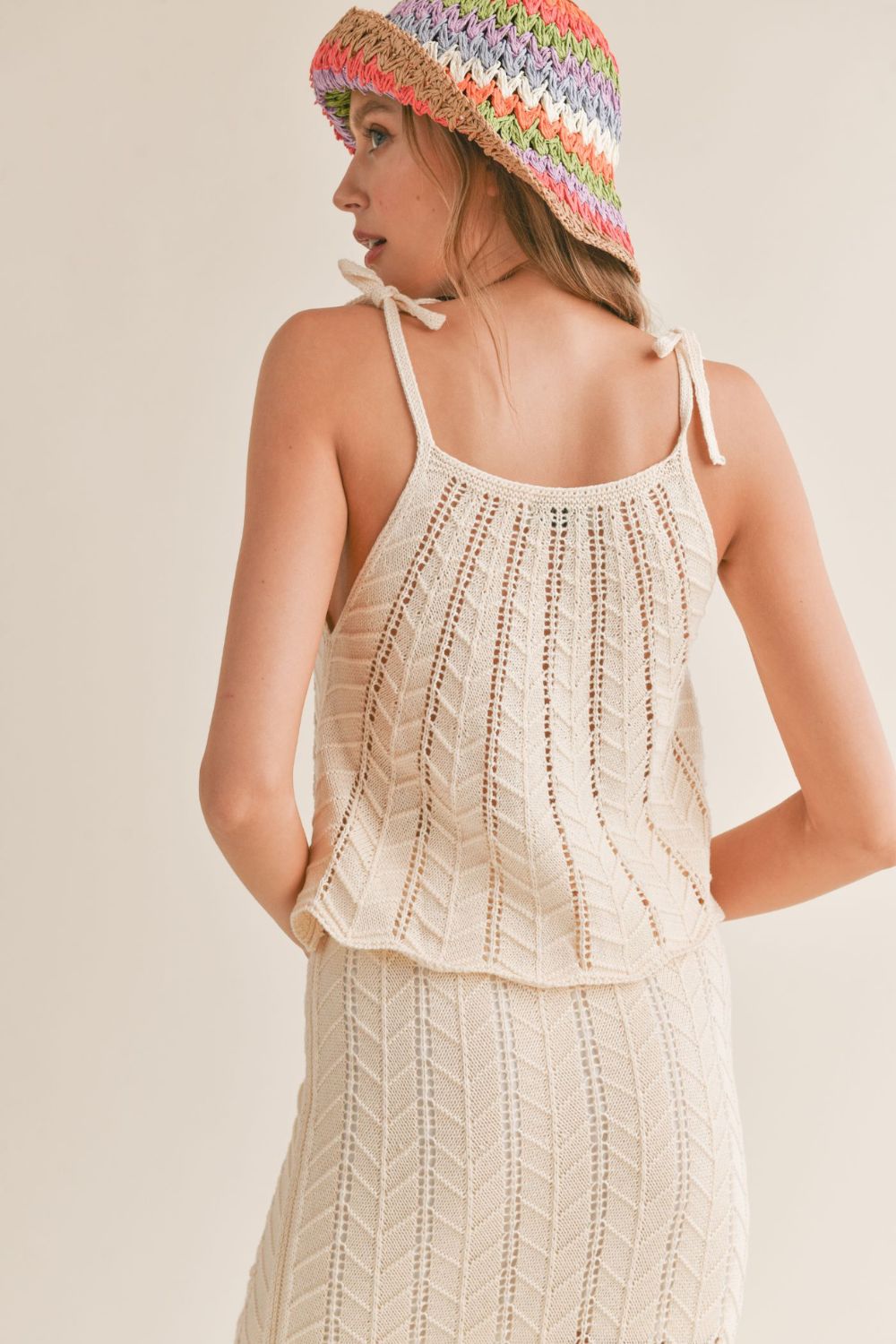 Women's Chevron Pointelle Knit Crochet Summer Tank | Cream - Women's Shirts & Tops - Blooming Daily