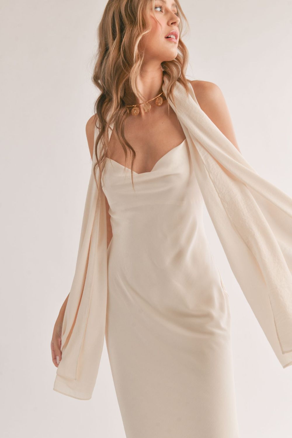 Women's Classic Midi Slip Dress and Shawl | Ivory