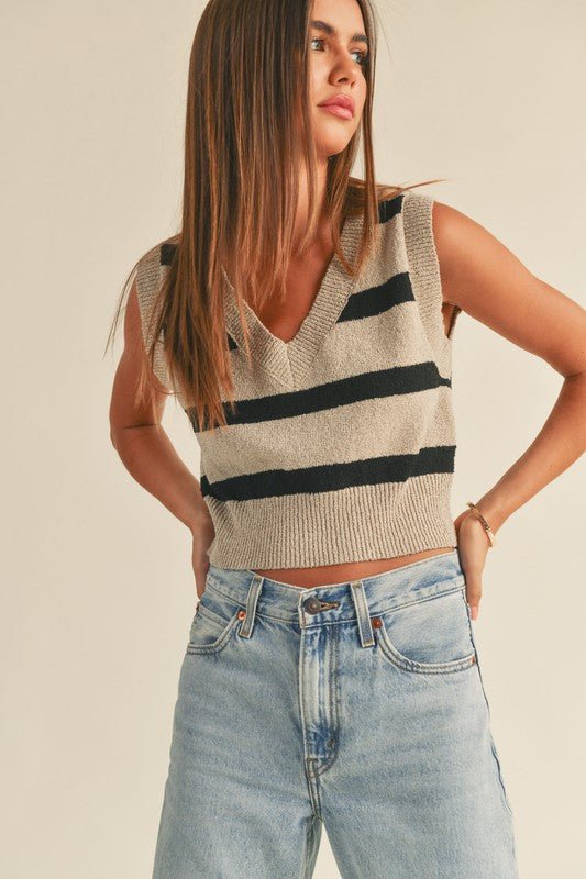 Women&#39;s Collegiate Striped Knit Vest | Stone Black - Women&#39;s Shirts &amp; Tops - Blooming Daily