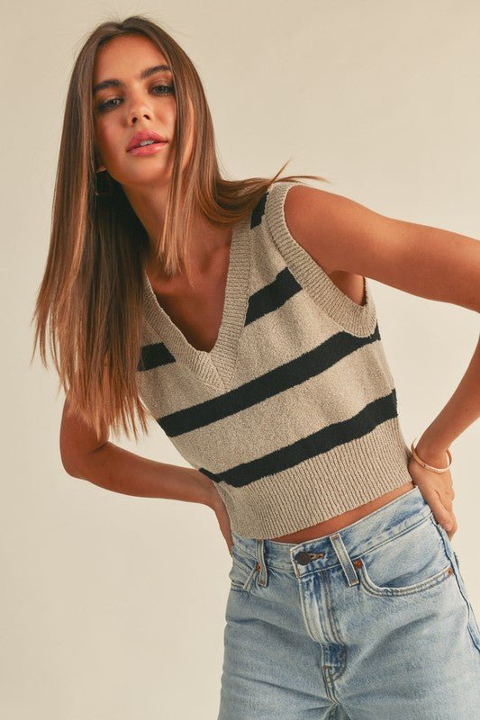 Women&#39;s Collegiate Striped Knit Vest | Stone Black - Women&#39;s Shirts &amp; Tops - Blooming Daily