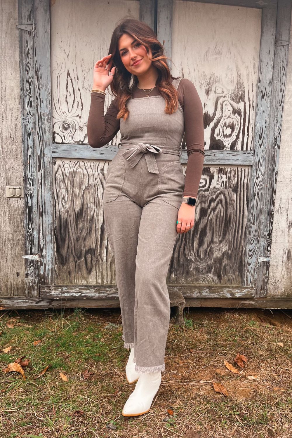 Women&#39;s Cotton Denim Overalls | Belted Jumpsuit | Charcoal Brown - Women&#39;s Jumpsuit - Blooming Daily