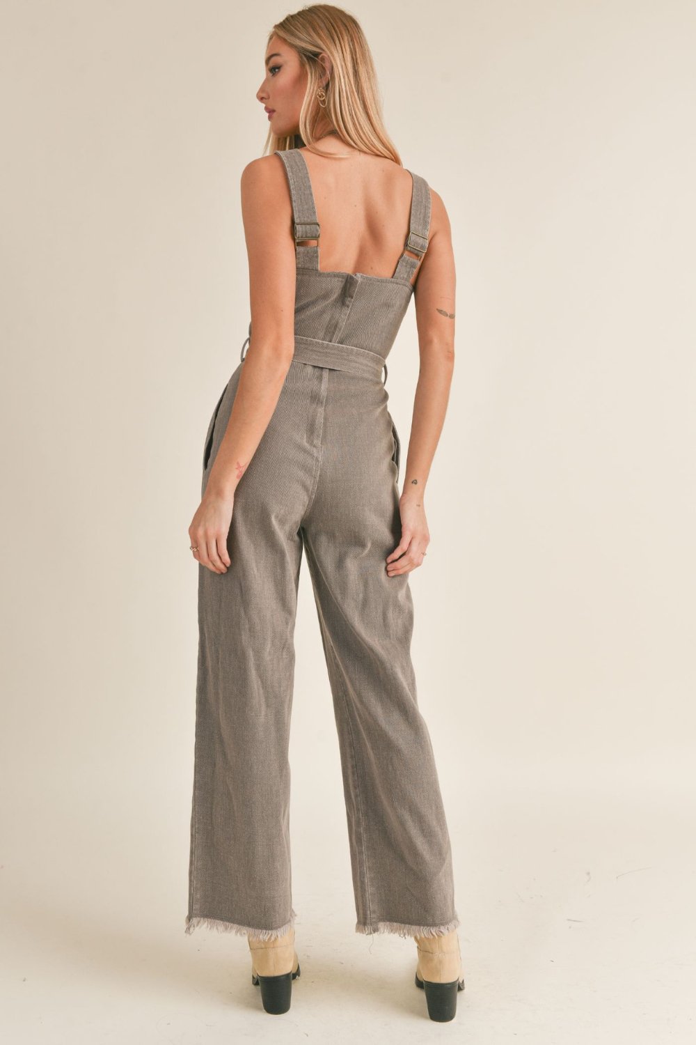 Women&#39;s Cotton Denim Overalls | Belted Jumpsuit | Charcoal Brown - Women&#39;s Jumpsuit - Blooming Daily