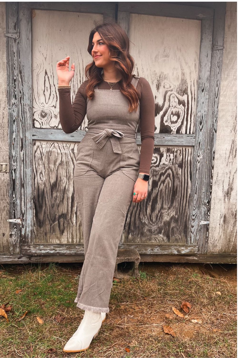 Women's Cotton Denim Overalls | Belted Jumpsuit | Charcoal Brown - Women's Jumpsuit - Blooming Daily