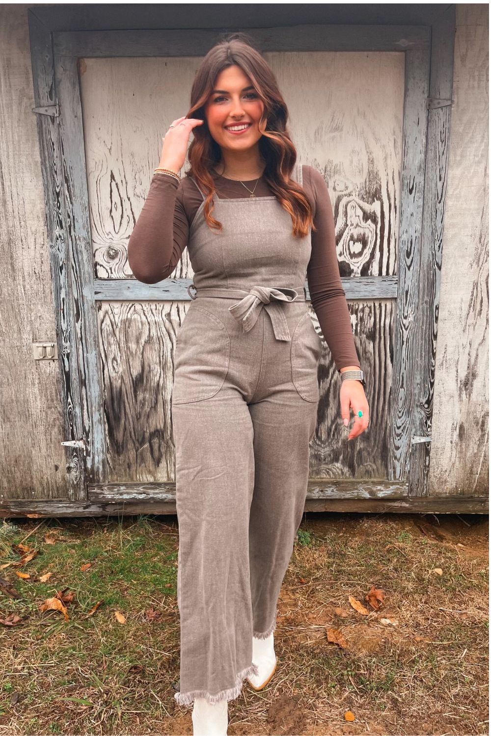 Women's Cotton Denim Overalls | Belted Jumpsuit | Charcoal Brown - Women's Jumpsuit - Blooming Daily