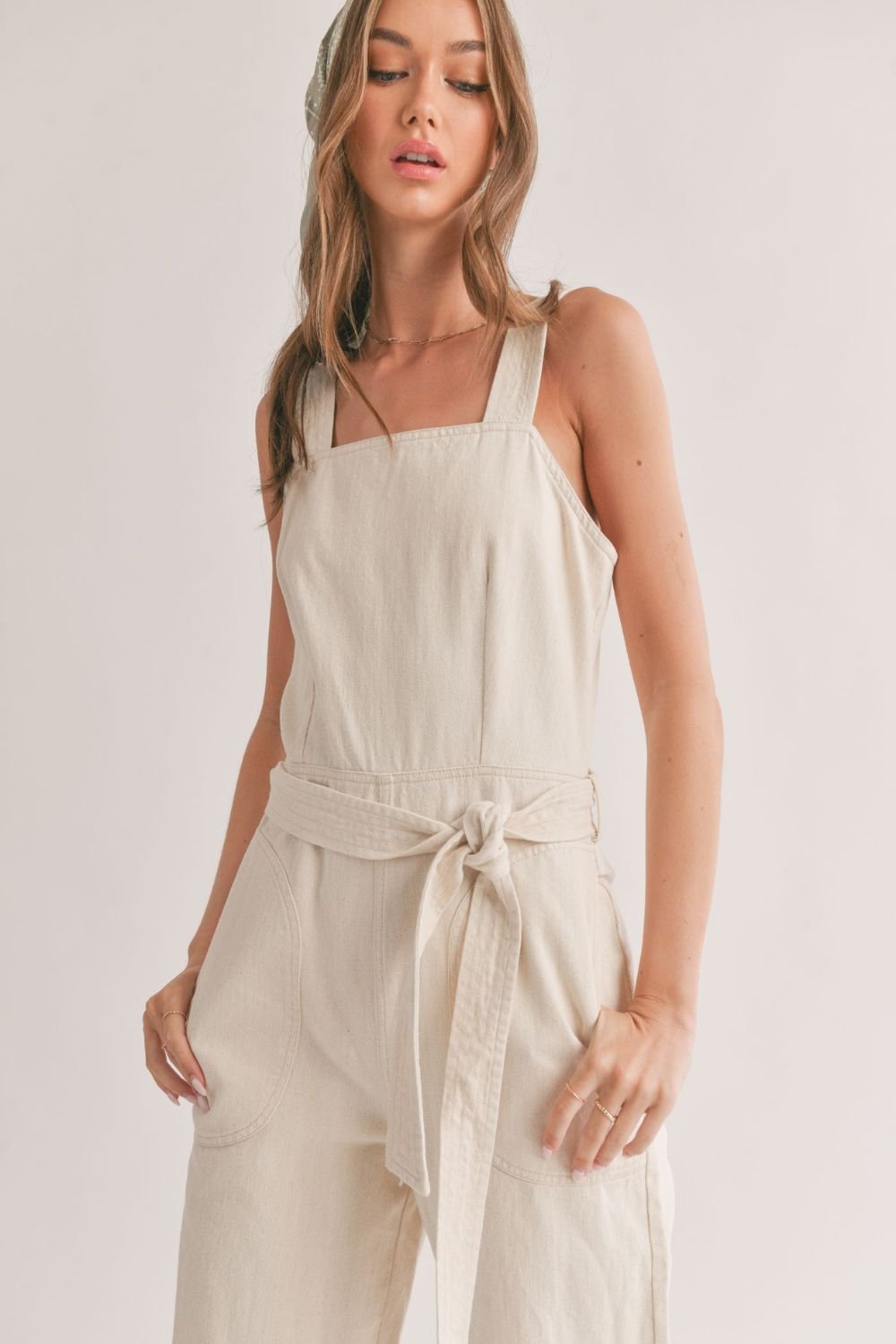Women's Cotton Denim Overalls | Oatmeal - Women's Jumpsuit - Blooming Daily
