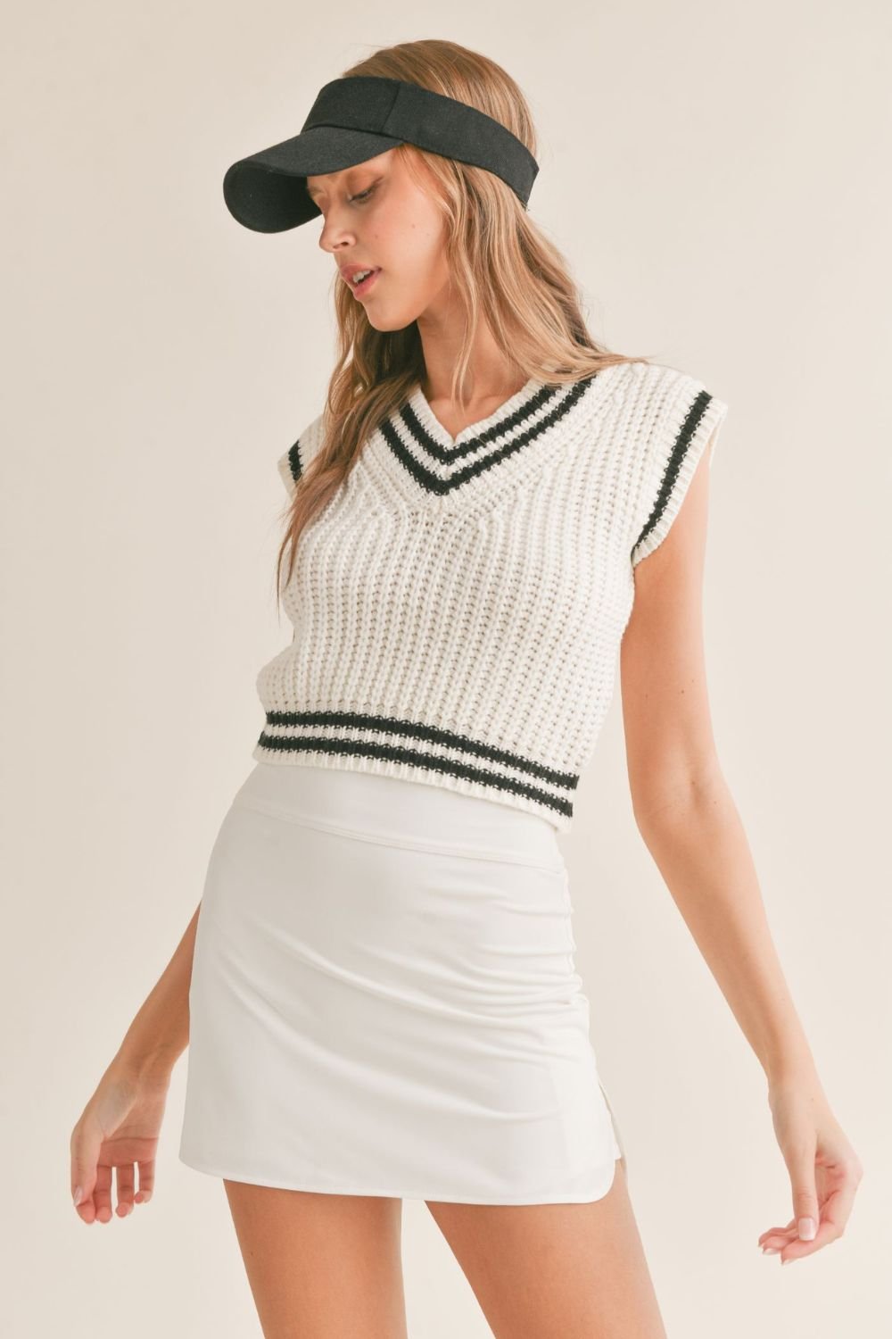 Women's Country Club V-Neck Sweater Vest | Ivory Black - Women's Shirts & Tops - Blooming Daily