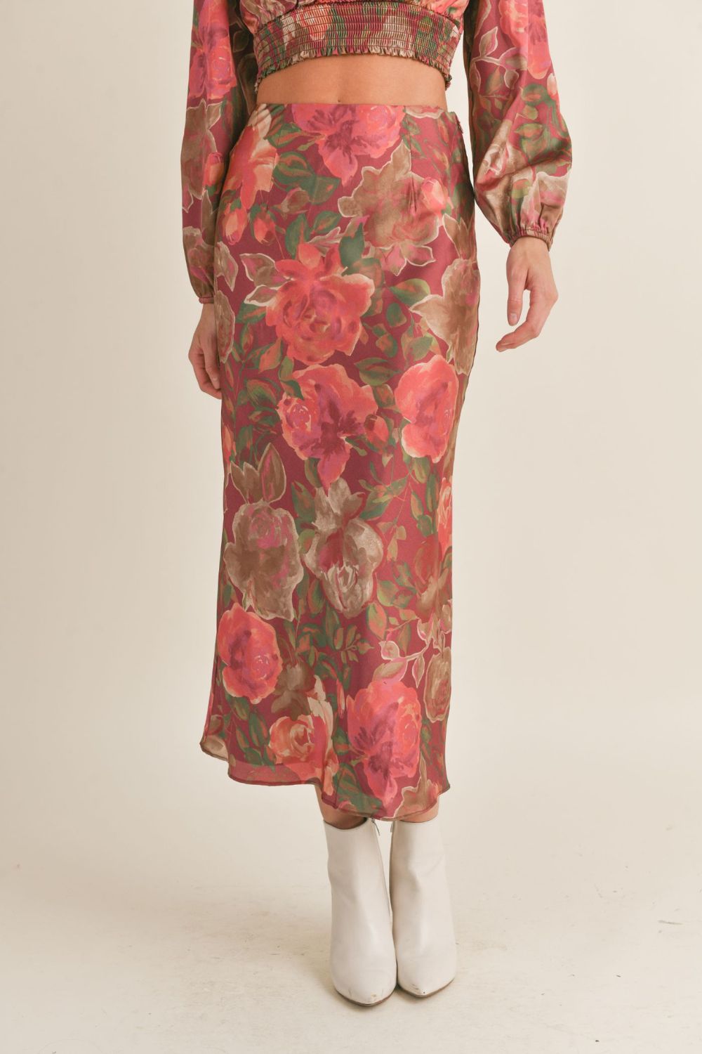 Women&#39;s Elegant Floral Maxi Skirt | Burgundy Multi - Women&#39;s Skirts - Blooming Daily