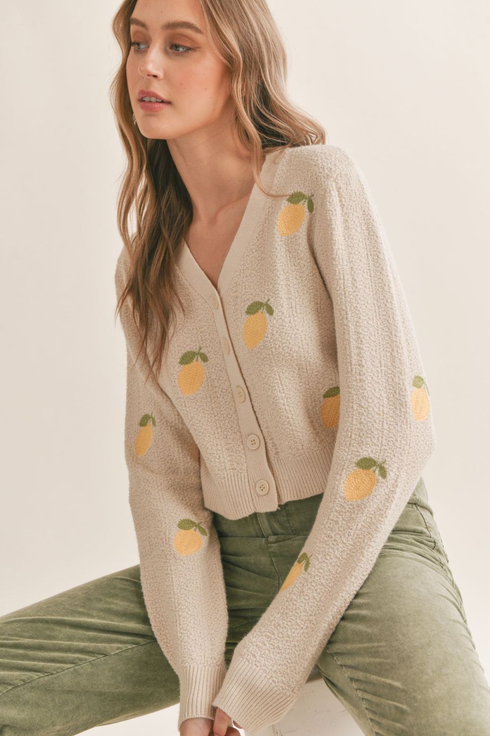 Women's Embroidered Lemon Cardigan | Light Beige - Women's Sweaters - Blooming Daily