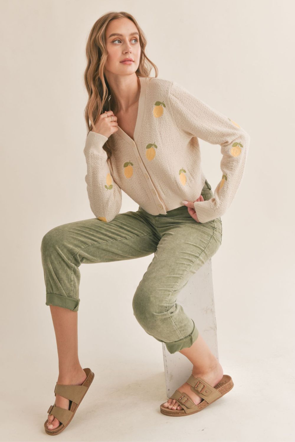 Women&#39;s Embroidered Lemon Cardigan | Light Beige - Women&#39;s Sweaters - Blooming Daily