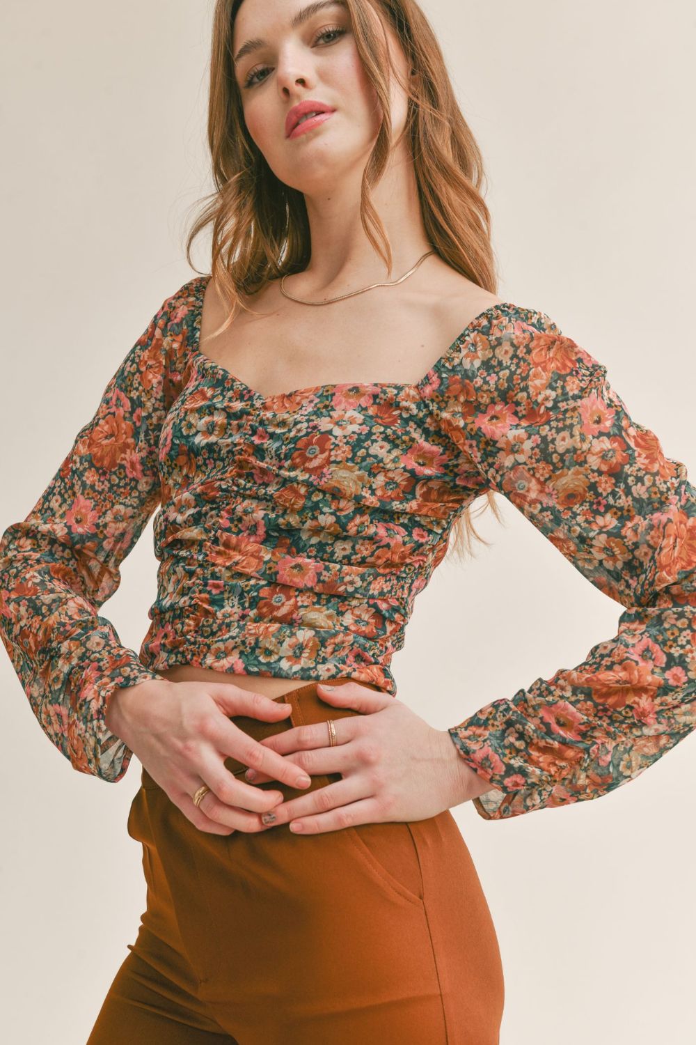 Women's Feminine Floral Top | Sheer Sleeves | Green Multi - Women's Shirts & Tops - Blooming Daily