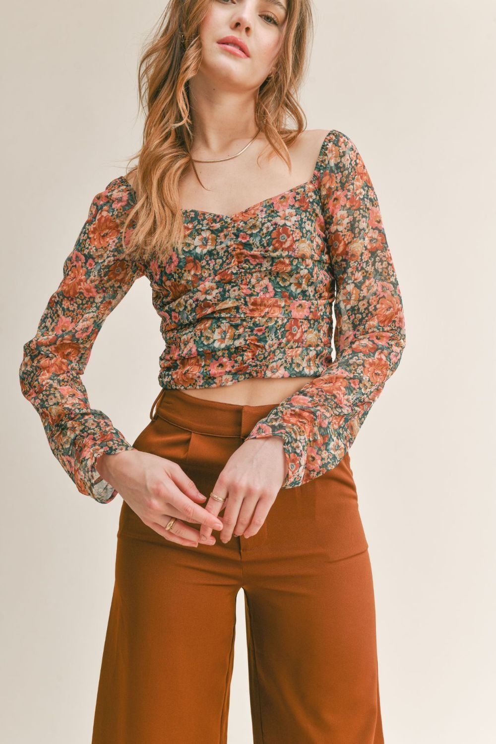 Women's Feminine Floral Top | Sheer Sleeves | Green Multi - Women's Shirts & Tops - Blooming Daily