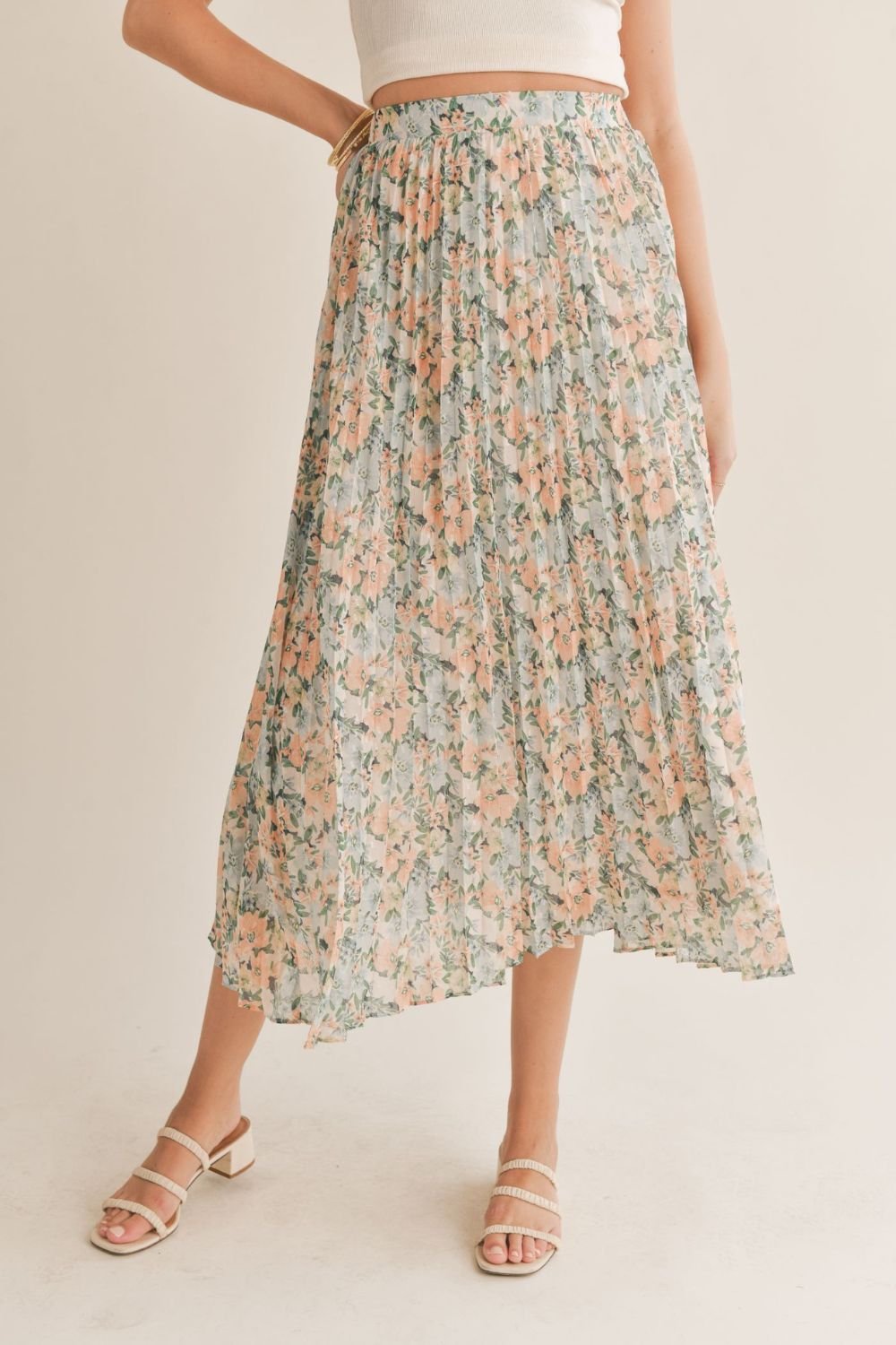 Women's Floral Swiss Dot Pleated Midi Skirt | Blue Multi - Women's Skirts - Blooming Daily