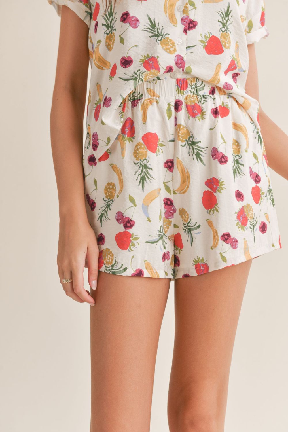 Women's Fruit Print Spring Summer Shorts | White Multi - Women's Shorts - Blooming Daily