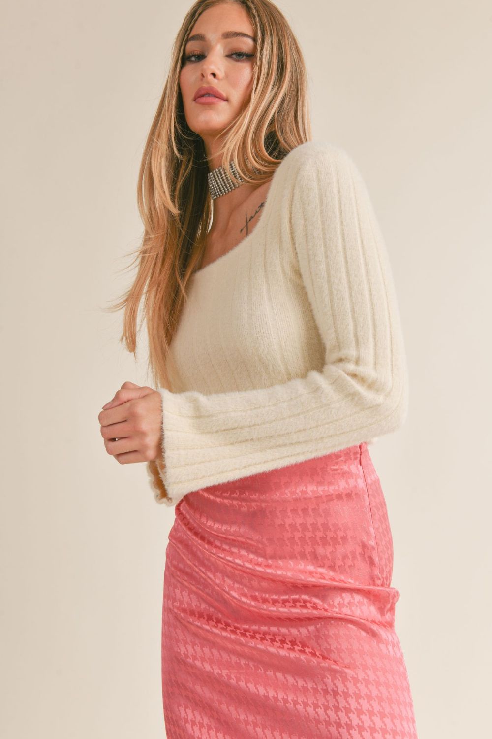 Women&#39;s Fuzzy Square Neck Sweater | Cream - Women&#39;s Shirts &amp; Tops - Blooming Daily