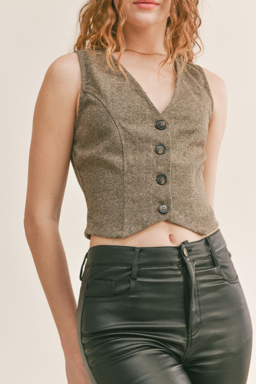 Women's Herringbone College Academia Vest | Brown - Women's Shirts & Tops - Blooming Daily
