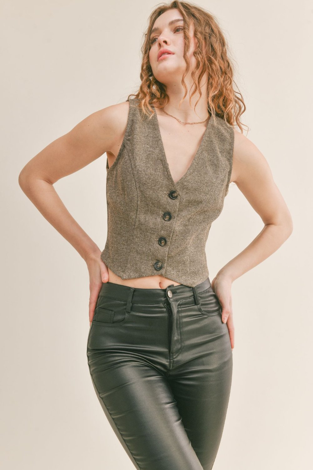 Women's Herringbone College Academia Vest | Brown - Women's Shirts & Tops - Blooming Daily