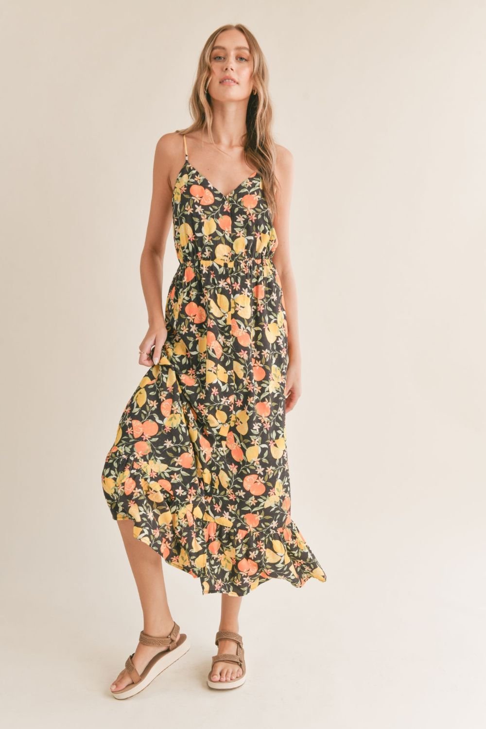 Women's Lemon Orange Maxi Dress | Black Multi - Blooming Daily